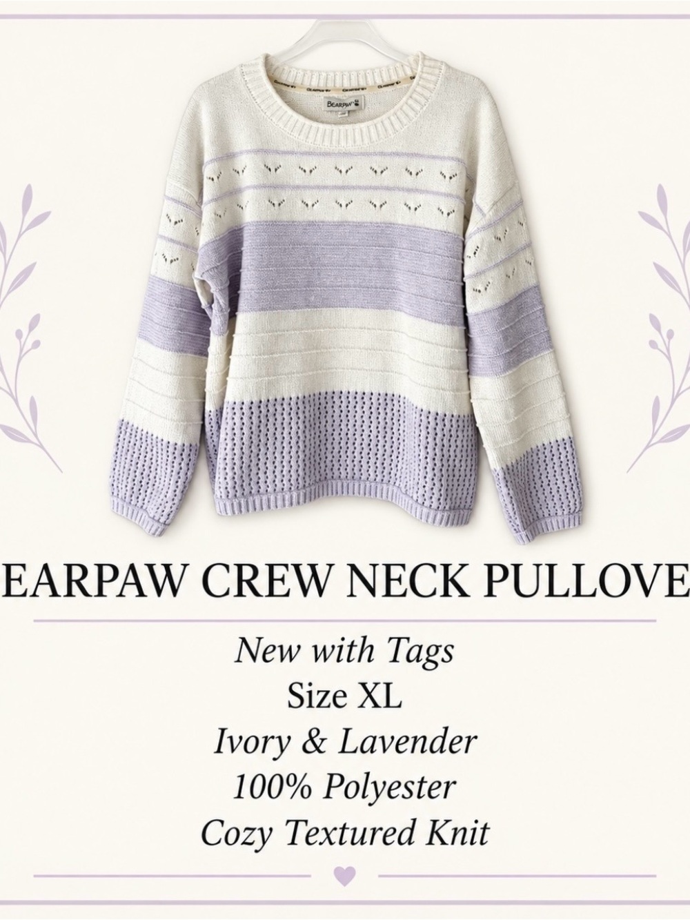 BEARPAW Women’s Colorblock Knit Sweater Ivory Lavender XL NWT